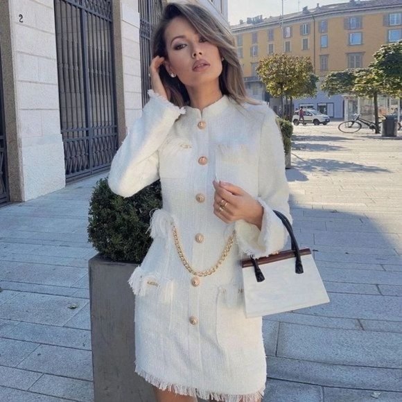 Luxedress Dresses & Skirts - Luxdress Chunky Chain Fringe Button Front Long Sleeve Tweed Mini Dress